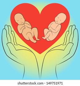 Two unborn babies in human hands on the heart background. Hand drawing vector illustration