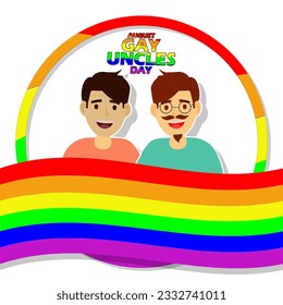 Two uncles with rainbow flag and rainbow circle frame, with bold text on white background commemorate Gay Uncles Day on August