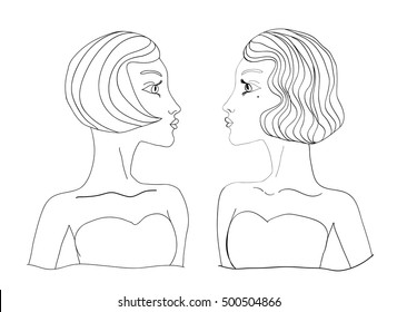 Two uncolored retro black and white girsl looking at one another.