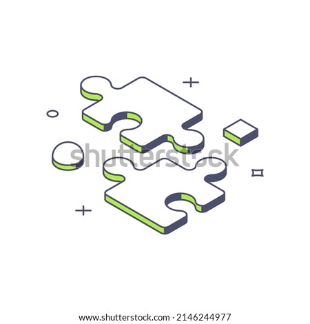 Two unconnected jigsaw pieces business challenge problem solving marketing strategy 3d icon isometric vector illustration. Puzzle game brainstorming for making decision symbol of integration attached