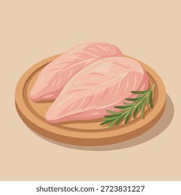 Two uncooked chicken breasts are presented on a round wooden cutting board, garnished with a sprig of fresh rosemary.