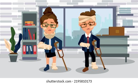 Two unfortunate office workers who had a work accident. Occupational health and safety concept. Injured young employees and sad facial expressions. Setback situation in office. work accident concept.