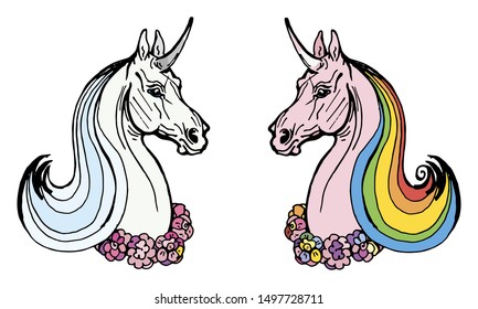  two unicorn heads on white and colored background vector isolated image.