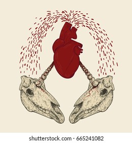 Two unicorn skull with red human heart in retro vintage style. Design template for tattoo, print, cover. Vector illustration.