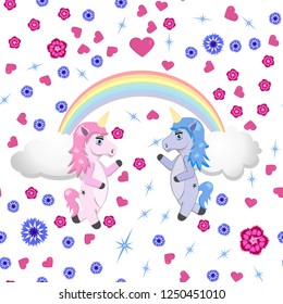 Two unicorns - a boy and a girl - meet each other under a rainbow. Fantasy animals on a flowers, stars and hearts. Seamless pattern - vector illustration in cartoon style for wallpapers.
