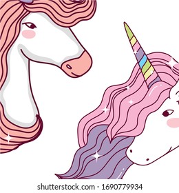 two unicorns cartoons set design, magic fantasy fairytale childhood animal fairy wild cute and lovely theme Vector illustration