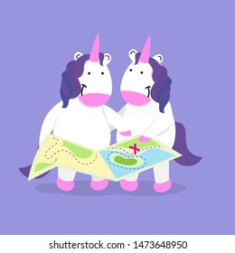 Two unicorns hold a tourist map in their hand. Two travelers
