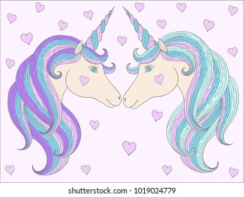 Two unicorns in love.  Cute magic cartoon fantasy cute animal.  Valentine.
