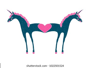 Two unicorns in love. Two unicorns with fused bodies. Siamese twins. Original romantic illustration for Valentine's day
