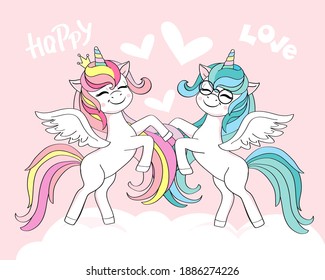Two unicorns in love and the inscription Happy love. Vector illustration of cartoon animals. Valentine's day concept