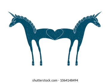 Two unicorns in love isolated on white background. Valentine's day concept. Vector illustration. Can be used for print design.