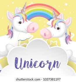 Two unicorns and rainbow on poster illustration