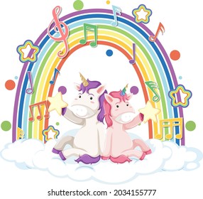 Two unicorns sitting on a cloud with rainbow and melody symbol illustration