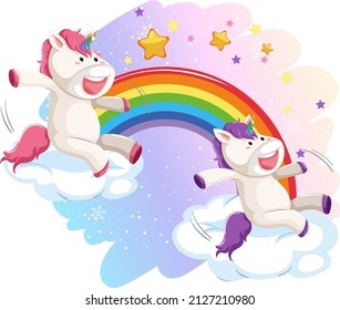 Two unicorns standing on clouds with rainbow illustration