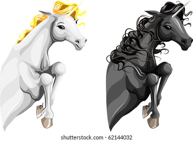 Two unicorns: white and black