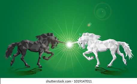 Two unicorns white and black in polygonal execution crossed the horn tilting the head against a green background with gradient filling.