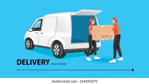 Two uniformed male transport workers are helping to lift parcels from van to deliver to customers,vector 3d isolated on blue background for delivery and transport advertising concept design