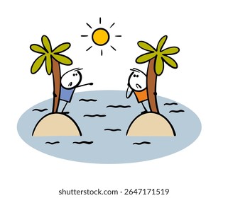 Duas ilhas desabitadas no oceano com palmeiras. Ilustração vetorial de um stickman entediado sozinho, segurando suas mãos para um vizinho. Ajuda psicológica, dia ensolarado no mar.
