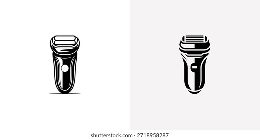 Dos iconos negros únicos de afeitadoras eléctricas sobre un fondo gris sutil, ideal para ilustrar el aseo masculino y las opciones de tecnología.