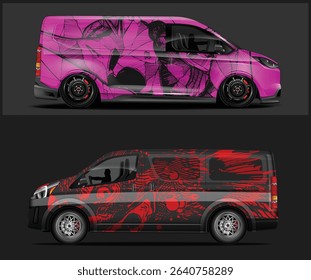 Two unique van wrap designs; one pink and black, the other red and black, showcasing abstract patterns.