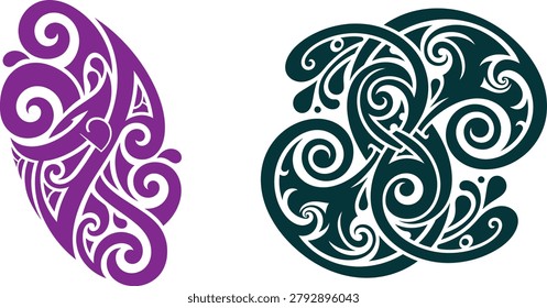 Two unique vector patterns inspired by traditional Maori and Polynesian tribal motifs, perfect for cultural designs, tattoos, or graphic elements requiring an ethnic touch.