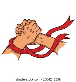 Two United Hand Sketch. Hand sketch with flag. Hand Sketch with wrench.