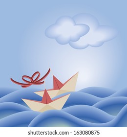 two united paper ships floating together on rough sea under cloudy sky, vector illustration