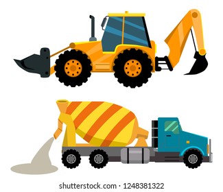 Two units of vector construction equipment - tractor and concrete mixer 
