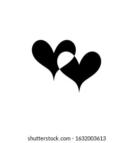 Two unpainted hearts intersecting each other. Happy valentines day and wedding design elements. Romantic icon isolated on background. Love symbol. Vector element illustration. Black white version.