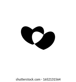 Two unpainted hearts intersecting each other. Happy valentines day and wedding design elements. Romantic icon isolated on background. Love symbol. Vector element illustration. Black white version.