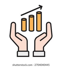 Duas Mãos Voltadas para Cima Apoiando um Seta de Negócios em Ascensão e Gráfico de Barras de Cilindro Amarelo, Representando Lucro, Crescimento e Forte Desempenho Econômico