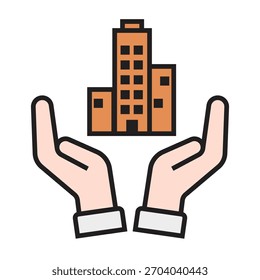 Duas Mãos Voltadas para Cima Apoiando um Prédio em Cores Pastel, Representando Propriedade de Edifício e Crescimento em Propriedade Valor Imobiliário em Suas Mãos