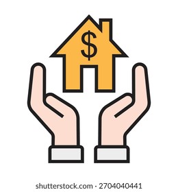 Duas Mãos Voltadas para Cima Apoiando uma Casa com Símbolo do Dólar Americano em Cores de Pastel, Representando Propriedade da Casa e Crescimento do Lucro em Propriedade Valor Imobiliário em Suas Mãos