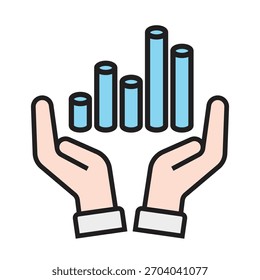 Duas Mãos Voltadas para Cima Apoiando um Gráfico de Barra de Cilindro Azul em Cores de Pastel, Representando Lucro, Crescimento e Forte Desempenho Econômico