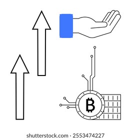 Two upward-pointing arrows, an open hand with a blue sleeve, and a Bitcoin symbol with circuitry. Ideal for financial growth, cryptocurrency, technology, investments, economic trends. Simple line art