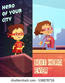 Two urban vertical banners with happy kids dressed in superhero costumes and standing on roof of skyscraper flat vector illustration