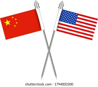Dos banderas de Estados Unidos y china, alfileres de acero, sobre fondo blanco. Ilustración vectorial.