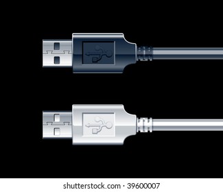 Two USB cables on black background. Vector illustration.