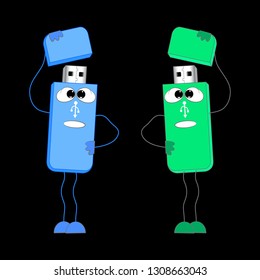 two usb flash drive cartoon vector illustration on a black background