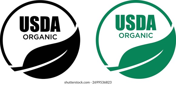 Two USDA organic logos, one in black and one in green, with a leaf element, isolated on a white background. Representing certified organic products and sustainable practices.
