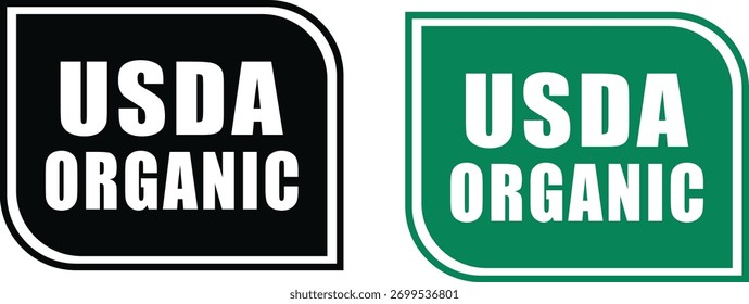 Two USDA organic signs, one in black and one in green, isolated on a white background. Indicating certified organic products and adherence to agricultural standards.
