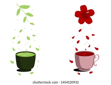Two useful tea karkade and matcha. Green tea in a dark cup and red tea in a pink cup. Eco-friendly and fitness hot drinks. With flower, leaves and petals on top. White background