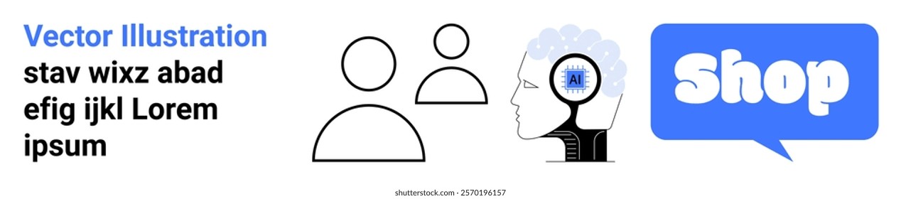 Two user icons, human head with brain, magnifying glass, and shop bubble. Ideal for online shopping, user interaction, digital communication, brain function, marketing strategies. Banner for landing