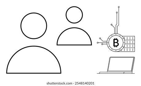 Dos perfiles de usuario, un símbolo de Bitcoin con líneas de circuito y una computadora portátil representan la identidad digital y la criptomoneda. Ideal para tecnología, finanzas, criptomonedas, seguridad digital y en línea