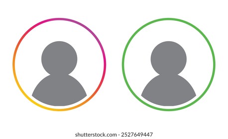 Two user profile silhouettes with different gradient backgrounds indicating published story or reel for public or for the circle of close friends. User interface design. Vector illustration. 