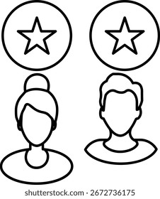 Zwei Benutzerprofile mit Sternen-Symbol für Kundenbewertung, Teamarbeit und Community-Anerkennung, transparenter Hintergrund