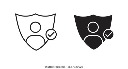 Two user protection icons: one line art, one solid black, both within a shield and checkmark. Isolated on white.