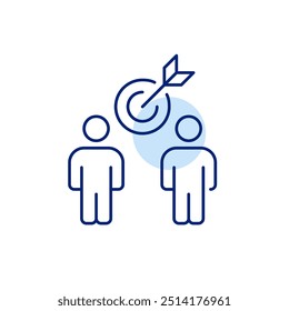 Two users with arrow hitting bullseye. Achieving collective success. Goal-oriented strategies. Pixel perfect, editable stroke icon