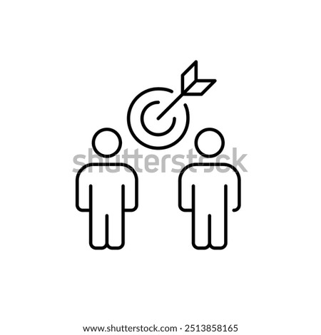 Two users with arrow hitting bullseye. Achieving collective success. Goal-oriented strategies. Pixel perfect vector icon