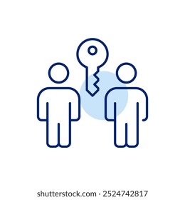 Two users and key between them. Shared access to secure information and platforms. Pixel perfect vector icon